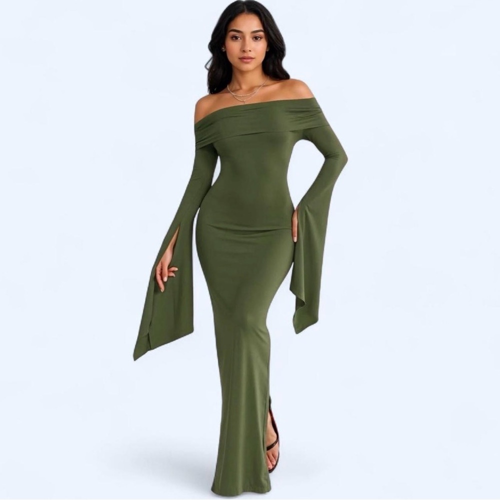 Bronze Noir Enchantment Off-Shoulder Flare Sleeve Dress | Size S